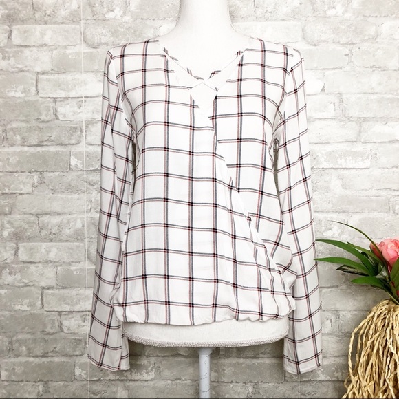 En Creme | Red/Blue Plaid/Checkered Long-sleeve Top Small - Picture 1 of 8